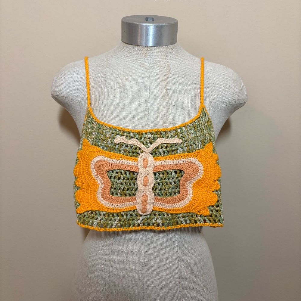Handmade Crochet Butterfly Top - Green and Orange